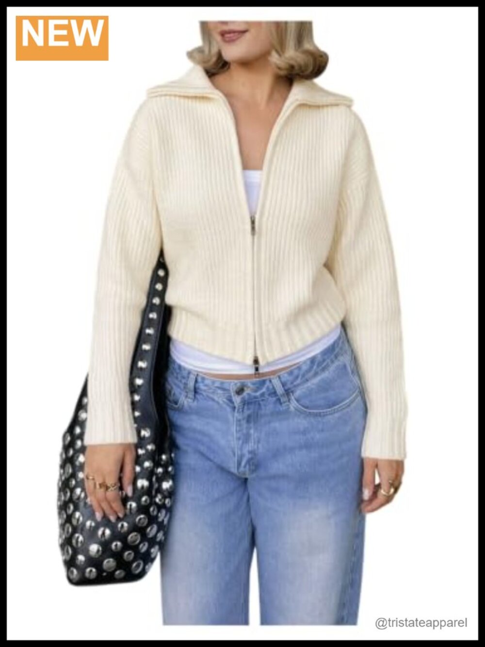 Cropped Zip-Up Collared Cardigan Sweater - Acrylic Blend Knit